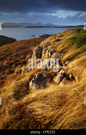 The view across Loch Bracadale and towards MacLeods Tables from Ardtreck point, Isle of Skye, Inner Hebrides, Scotland, UK Stock Photo