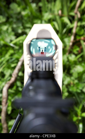 aiming an m4 rifle sight at a paper target on a firing range Stock Photo