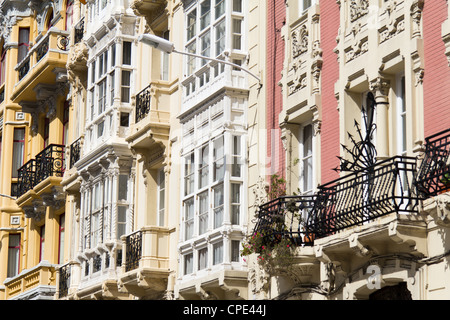 windows and balconies in traditional flats in Corunna, Spain Stock Photo