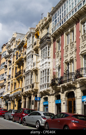 windows and balconies in traditional flats in Corunna, Spain Stock Photo