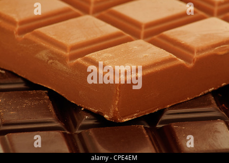 Dark Chocolate bar with milk chocolate bar stacked on top Stock Photo