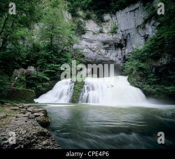 Waterfall of River Lison emerging from underground, Source du Lison, Nans sous St. Anne, Jura, Franche Comte, France, Europe Stock Photo