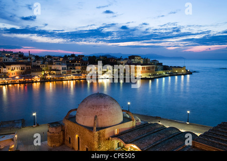 Venetian Harbour and Mosque of the Janissaries at dusk, Chania (Hania), Chania region, Crete, Greek Islands, Greece, Europe Stock Photo