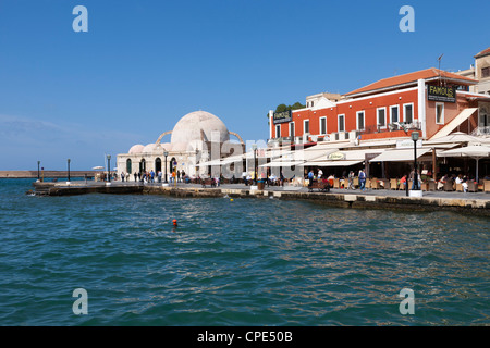 View over Venetian Harbour to Mosque of the Janissaries, Chania (Hania), Chania region, Crete, Greek Islands, Greece, Europe Stock Photo