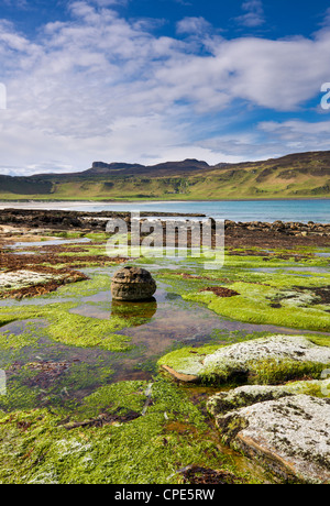View across Laig Bay towards An Sgurr, Isle of Eigg, Inner Hebrides, Scotland, United Kingdom, Europe Stock Photo