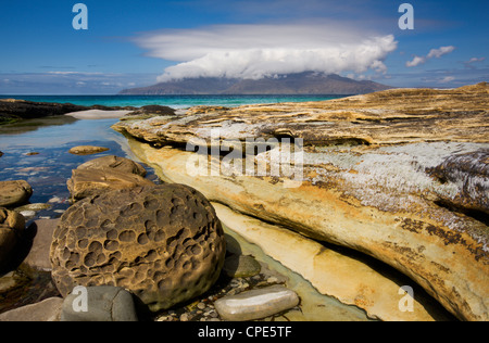 View across the Sound of Rum from the Singing Sands, Isle of Eigg, Inner Hebrides, Scotland, United Kingdom, Europe Stock Photo