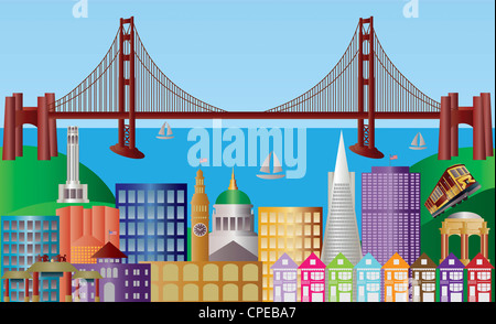 San Francisco California City Skyline with Golden Gate Bridge and Landmarks Panorama Illustration Stock Photo