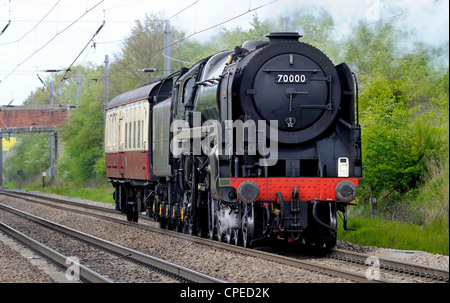 The 7000 Britannia class new mainline steam locomotive on the east coast mainline south of Retford station, Nottinghamshire