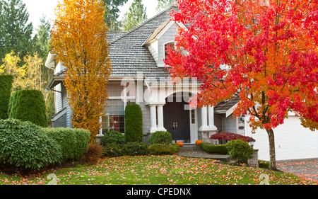 Front yard of modern home during Autumn Stock Photo