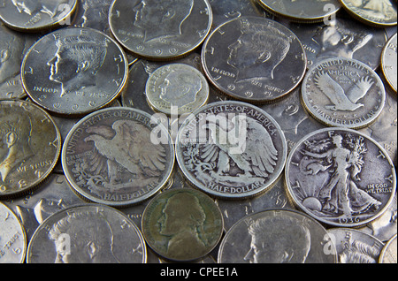 United States Silver coins in large pile Stock Photo