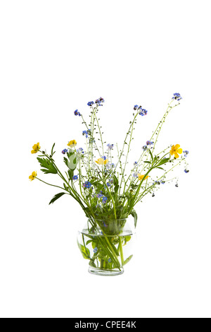 Seasonal wild flowers in glass vase on white background Stock Photo