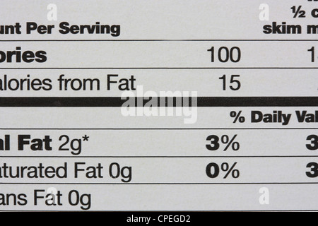 Nutritional information panel on the side of a box Stock Photo