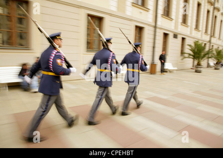 Sentries marching through the Prague Hradcany or Castle, Czech Rebublic.
