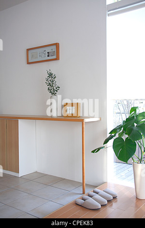 Pair Of Soft Slippers On Wooden Floor Near Potted Plant Stock Photo