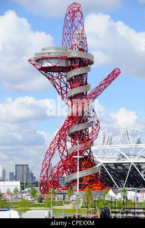 Part of completed stadium & ArcelorMittal Orbit observation tower in 2012 East London Queen Elizabeth Olympic park in Stratford  Newham England UK Stock Photo