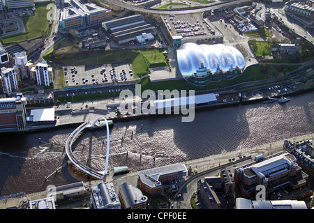 aerial view of the River Tyne, Gateshead Millennium Bridge and Gateshead Sage, Newcastle