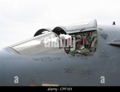 Close-up of pilots in the cockpit of a Royal Australian Air Force F-111 military aircraft Stock Photo