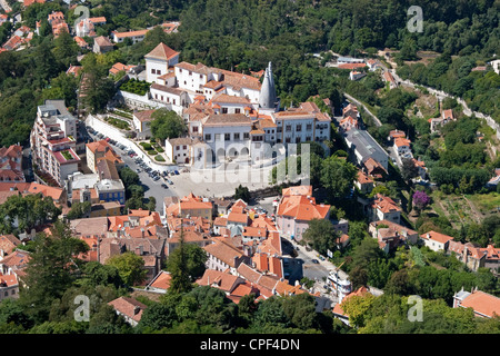 Sintra main square and National palace from Castelo Dos Mouros, moorish castle, above the town, Lisbon, Portugal Stock Photo
