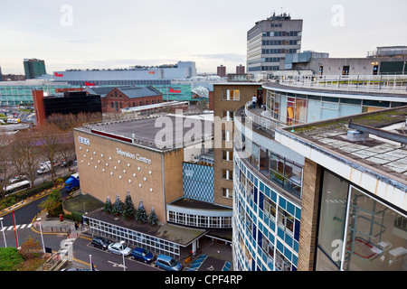 BBC Television Centre, Shepherds Bush, White City, London, looking down on studio TC1 with Westfield Shopping beyond. JMH6015 Stock Photo