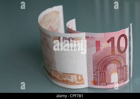 bank notes currency money cash drachma and euro, euros, drachmas are the previous currency of greece, euros Stock Photo