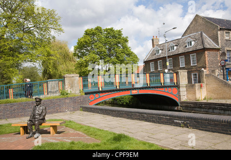 Statue of Captain Mainwaring, Arthur Lowe's Dad’s Army character Thetford Norfolk England by Victorian bridge over River Thet Stock Photo