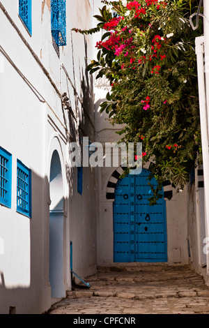 Traditional blue door, iron grille and window screens on a house in Sid Bou Said, Tunisia Stock Photo