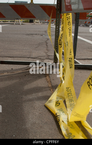 barricade closing the ramp that leads to the collapsed 35W bridge Stock Photo