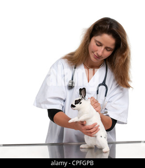 Vet examining a Dalmatian rabbit in front of white background Stock Photo