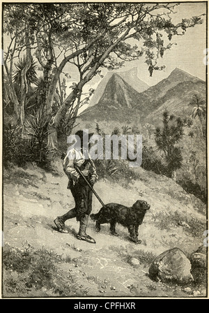 1910s engraving from Robinson Crusoe by Daniel Defoe: 'I descended a little on the side of that delicious valley.' Stock Photo