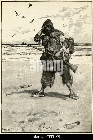 1910s engraving from Robinson Crusoe by Daniel Defoe: 'I stood like one thunderstruck.' Illustrated by Walter Paget. Stock Photo