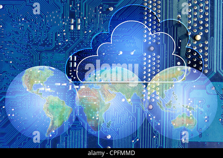 Computer integrated circuit board with conductors over silicon surface Stock Photo