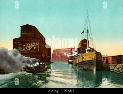 Chicago River elevators, circa 1900 Stock Photo