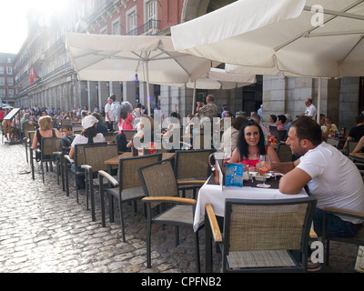 Sidewalk cafe at the Plaza Mayor in Madrid, Spain Stock Photo