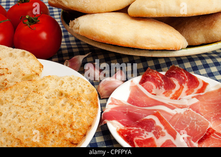 Typical breakfast mollete with ham tomato and oil Antequera Malaga Andalusia Spain