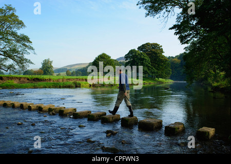 Man crossing stepping stones on the River Hodder near  Whitewell in the Forest of Bowland Lancashire England Stock Photo