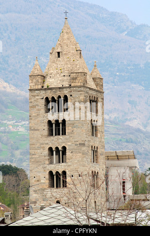 Italy, Aosta Valley,  Aosta, Belfry of the Collegiate Church of Sant Orso Stock Photo