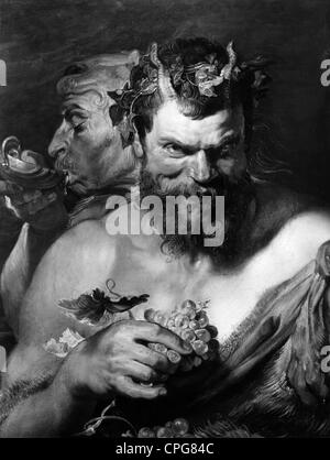 Dionysus, Greek God of the wine and of the drunkenness, half length, with satyr, Stock Photo