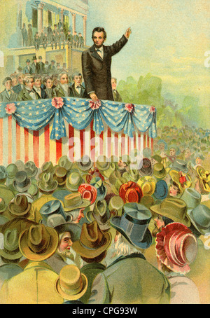 Circa 1900s engraving, Abraham Lincoln giving a speech. Stock Photo
