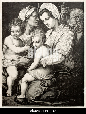 Holy family old engraving, after Andrea Del Sarto painting (1486-1530) Stock Photo