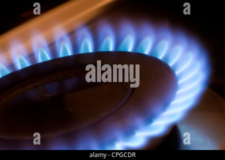 Gas flame on a kitchen hob Stock Photo