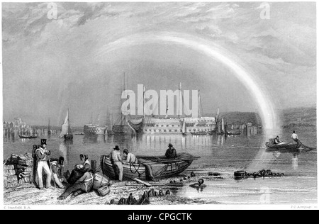 An engraving entitled ' Hamoaze, Plymouth ' scanned at high resolution from a book published in 1847. Stock Photo