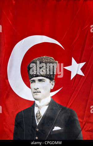 Turkish flag with a portrait of Mustafa Kemal Atatürk  - Turkey Stock Photo