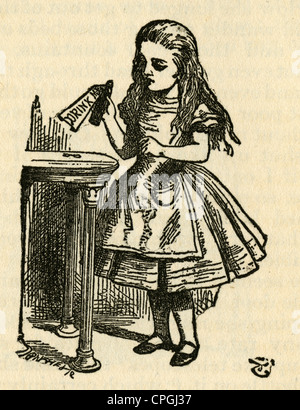 Circa 1910s edition of Alice in Wonderland. 'Drink me' by John Tenniel. Stock Photo