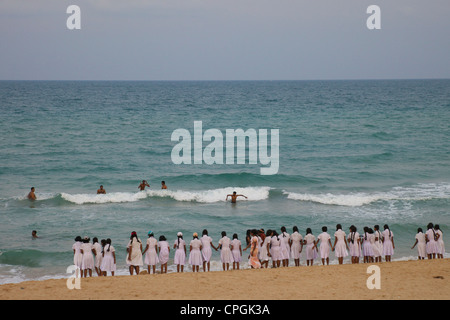 Schoolgirls on the beach, Nilaveli, Trincomalee, Sri Lanka, Asia Stock Photo