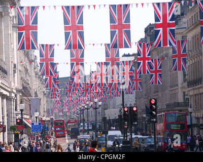 View looking along lines of many union jack flags hanging above Regent Street in London for the Queen's Diamond Jubilee 2012 Stock Photo