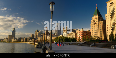 Panorama of early morning looking south on the Bund at Huangpo River Shanghai Peoples Republic of China Stock Photo