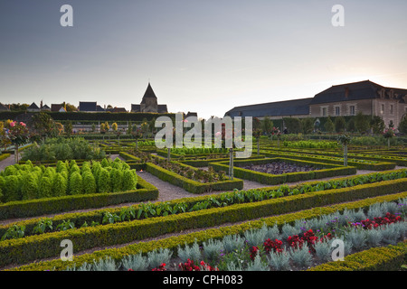 The chateau and gardens of Villandry in the historic Loire Valley during sunset. Stock Photo