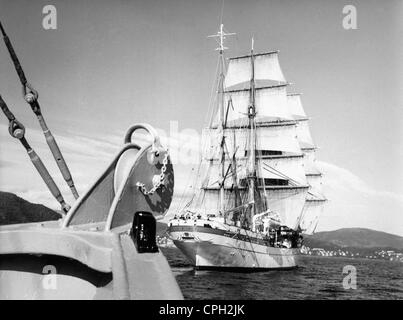 military, Germany, Bundeswehr, Navy, sailing school ship 'Gorch Fock' (1958), view, stern, Harstadt harbour, Norway, 1964, Additional-Rights-Clearences-Not Available Stock Photo