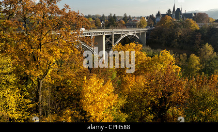Aare valley, bridge, capital, trees, Indian Summer, yellow, autumn foliage, autumn, fall, history museum, canton Bern, Kirchenfe Stock Photo
