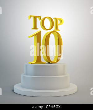 Golden top ten text on a white podium Stock Photo